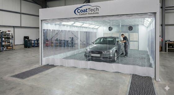 CoatTech Flush Floor Pit-Mounted Automotive Prep Bay with Integrated Ground Extraction and Electric Roll-Up Curtains